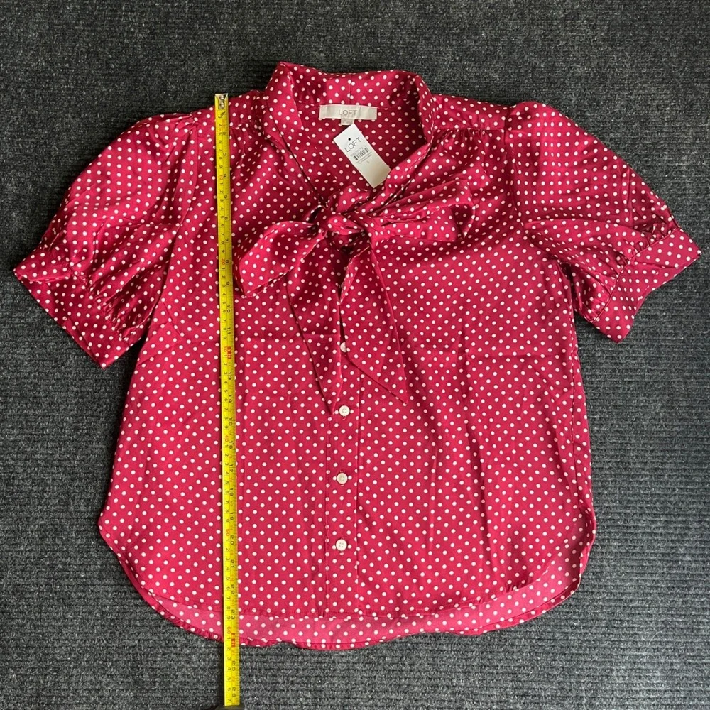 LOFT Polka Dot Blouse Womens Small Red White Tie Neck Puff Sleeve Button Up NEW